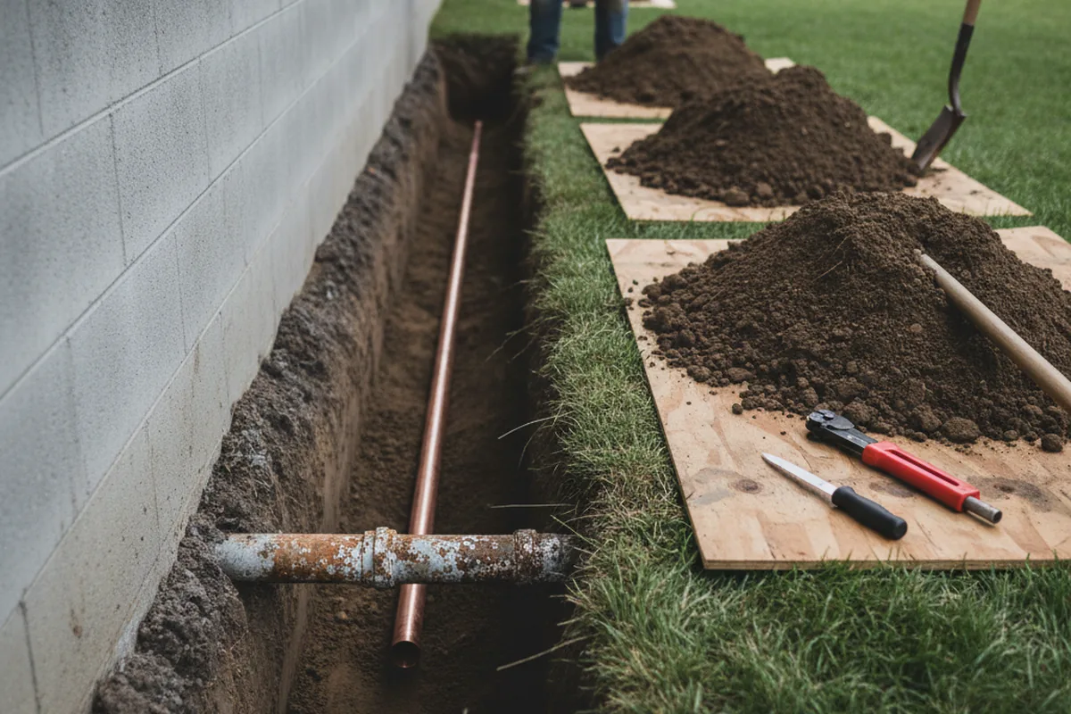 Excavated water line trench during Sewer Line Repair in Manhasset